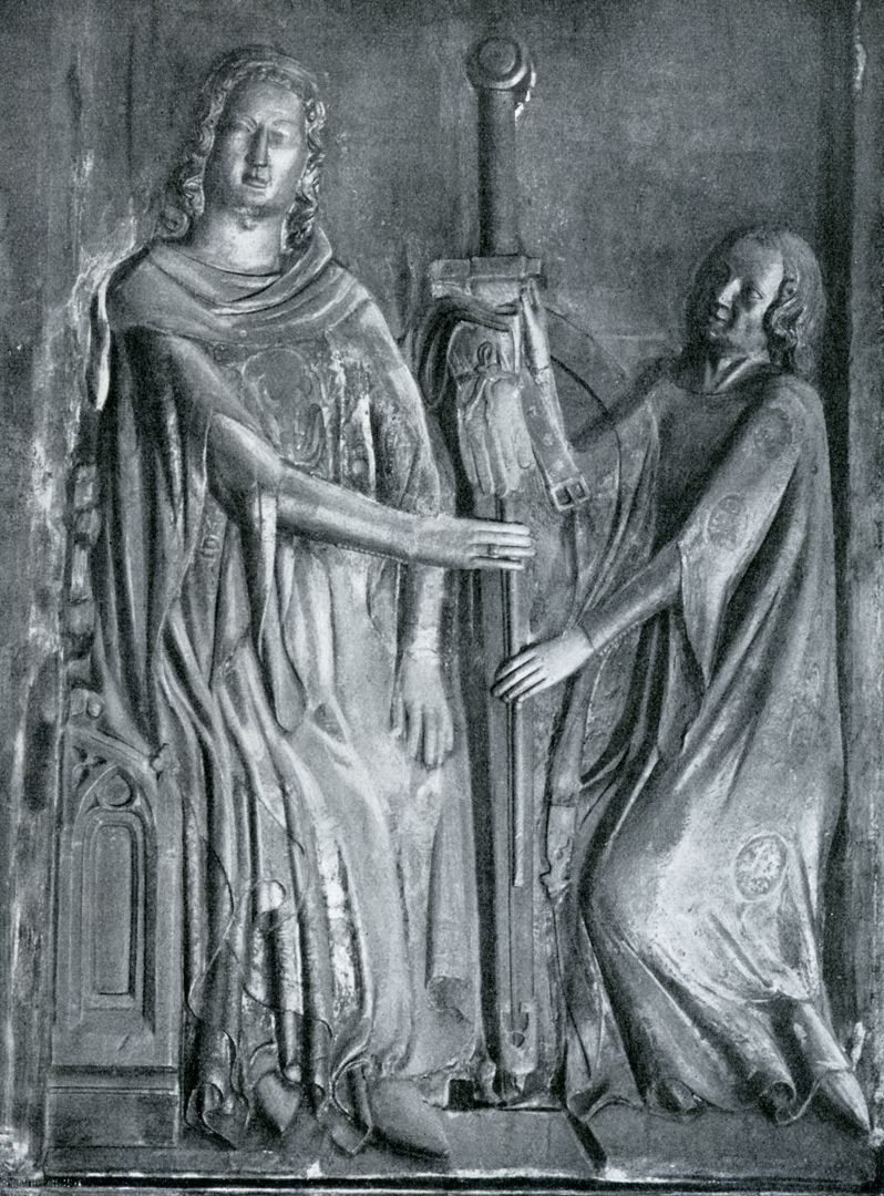 Rathaussaal Relief: Privilegienverleihung, sog. Norimberga und Brabantia (Foto aus: Nürnbergisch / Fränkische Bildkunst, Justus Bier, Bonn, 1922). Neuere Interpretation: Ludwig der Bayer verleiht Konrad Groß das Amt des Reichsschultheißen 1338