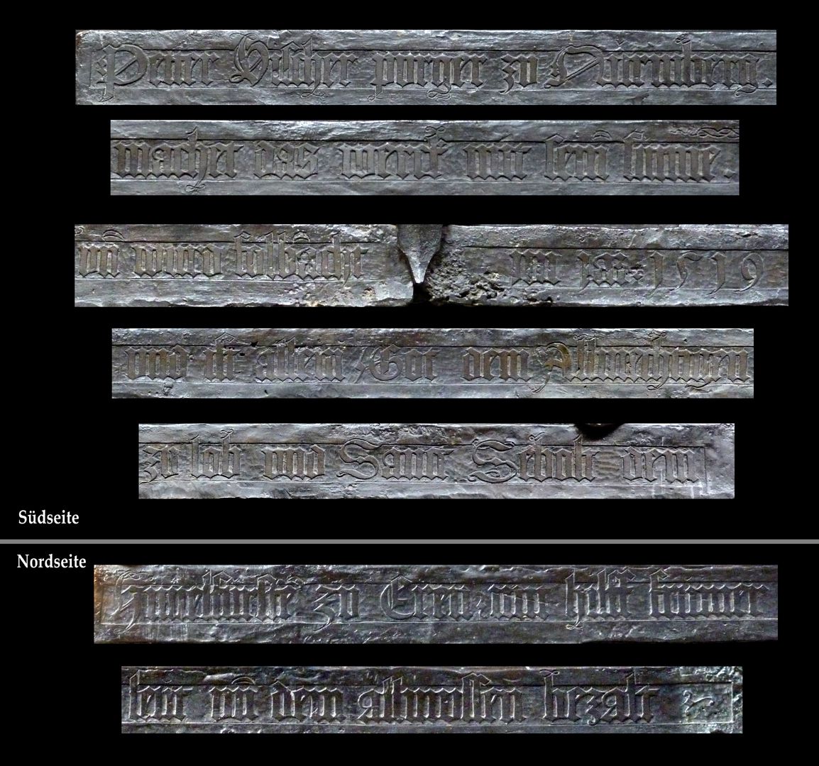 Sebaldusgrab Am Sockel: Petter Vischer purger zu Nurmberg.machet das werck mit sein[en] sunne[n]. un[d] wurd folb[r]acht im jar 1519 und ist allein Got dem Allmechtigen zu lob und Sanct Sebolt dem Himelfürste[n] zu Eren mit hilff frumer leut un[d] dem allmussen bezalt