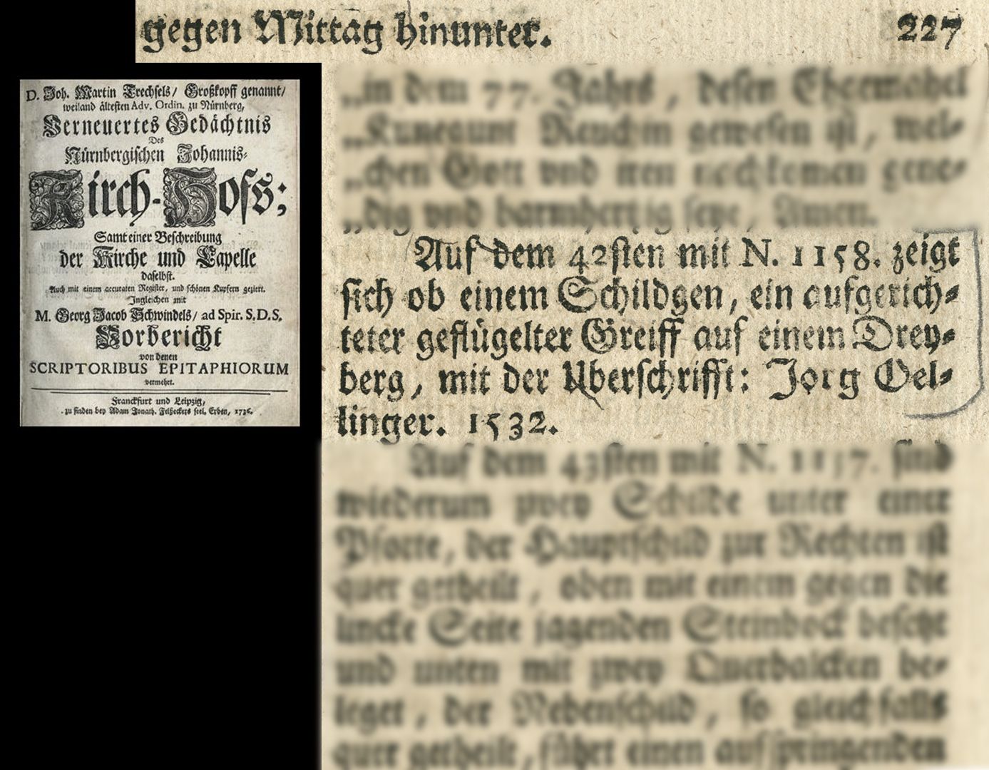 Epitaph des (Joerg) Georg Oellinger Auszug aus Joh. Martin Trechsels, Großkopf genannt: "Verneuertes Gedächtnis des nürnbergischen Johannis Kirch Hof ..." , Franckf. & Leipzig 1735