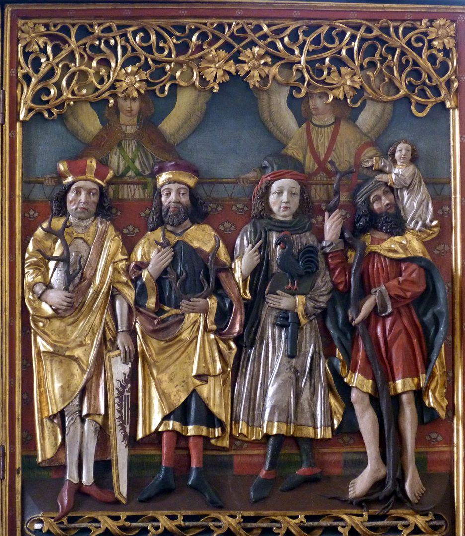 Osternoher Altar rechter Flügel, von l. nach r.: Hll. Achatius, Eustachius, Vitus und Christophorus