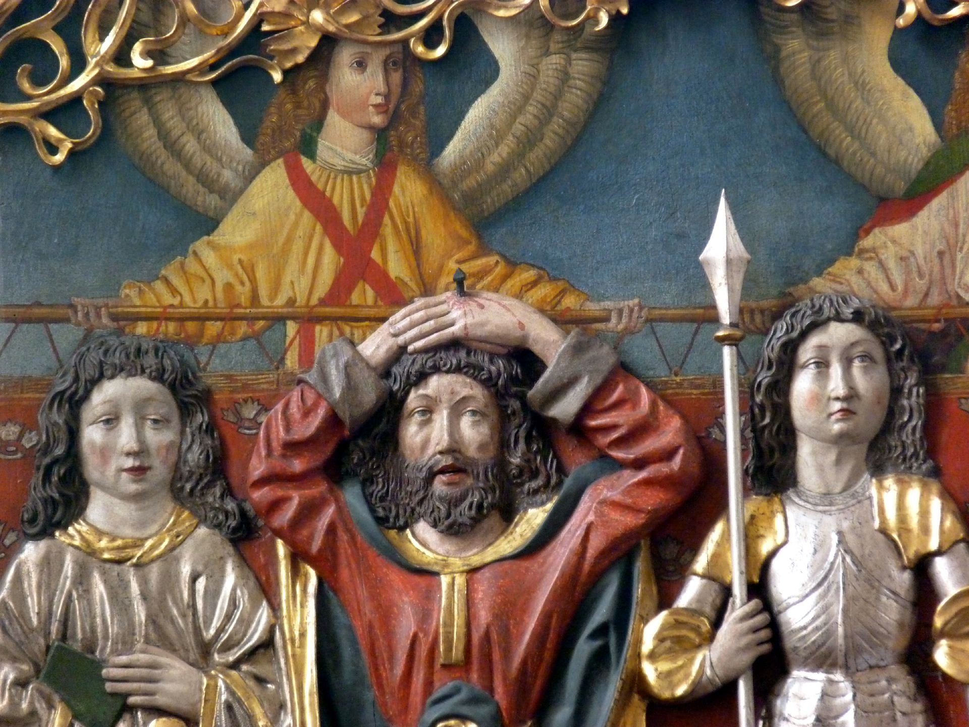 Osternoher Altar linker Flügel, Detail: Hll. Cyriakus, Pataleon und Georg