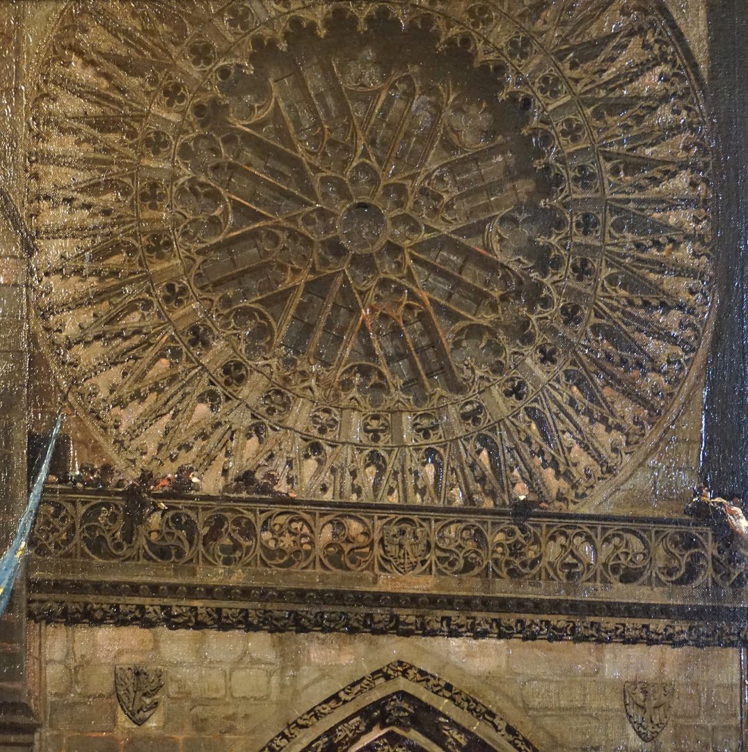 Abschiedsszene Gustav Adolfs und seines Gefolges Rosette der Lorenzkirche und Laufgang mit Maßwerkbrüstung über dem Hauptportal