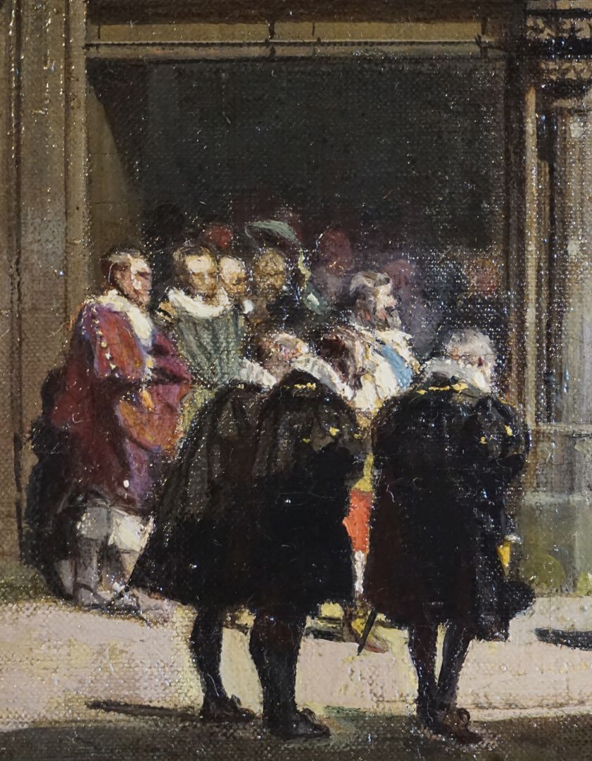 Abschiedsszene Gustav Adolfs und seines Gefolges geöffnetes Portal mit Menschenmenge, im Vordergrund protestantische Geistlichkeit