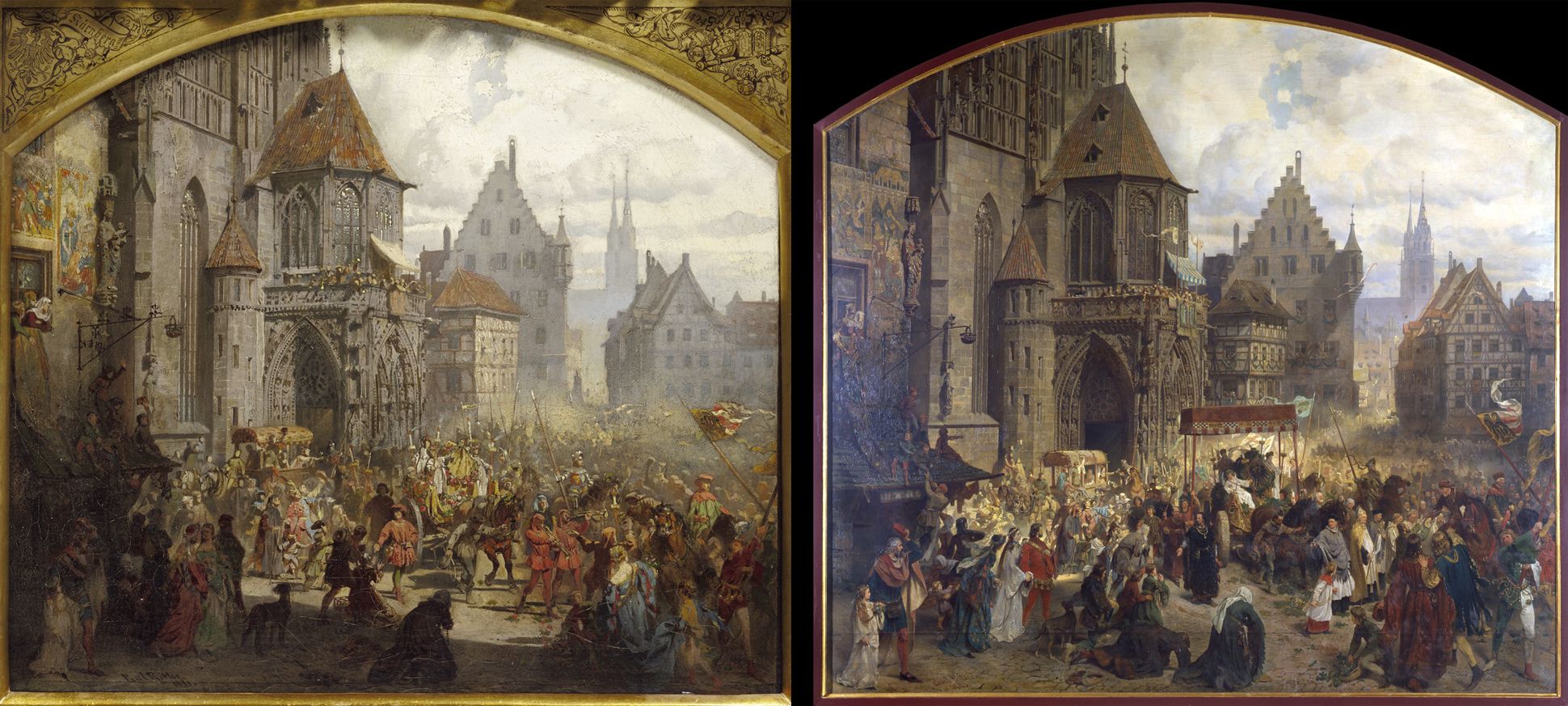 Die Einbringung der Reichskleinodien in Nürnberg am 22. März 1424 links der Präsentationsentwurf von 1881 / rechts das ausgeführte Gemälde