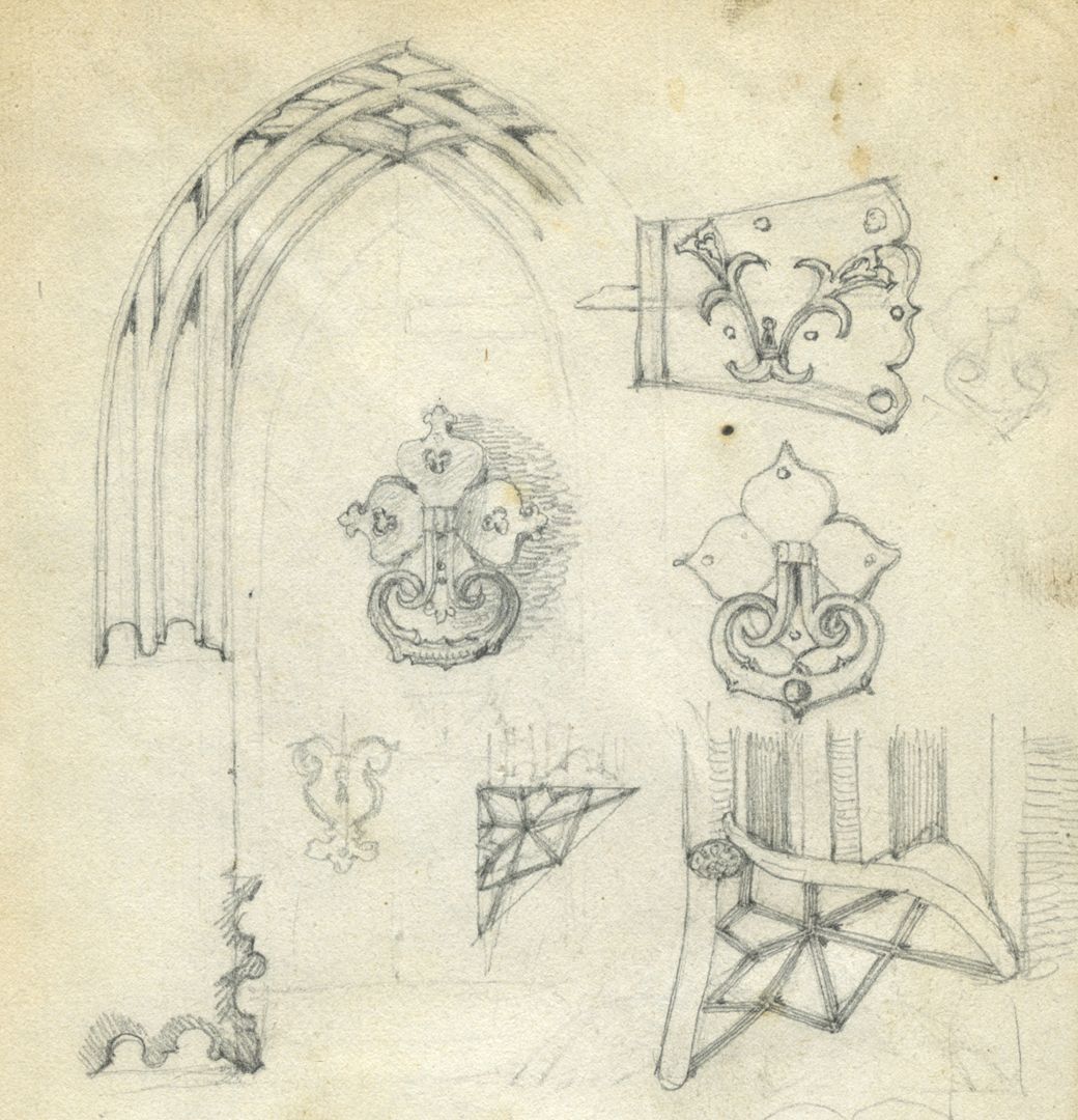 Skizzenbuch von Paul Ritter Nürnberg, Unschlitthaus, Portaldetails, obere Blatthälfte
