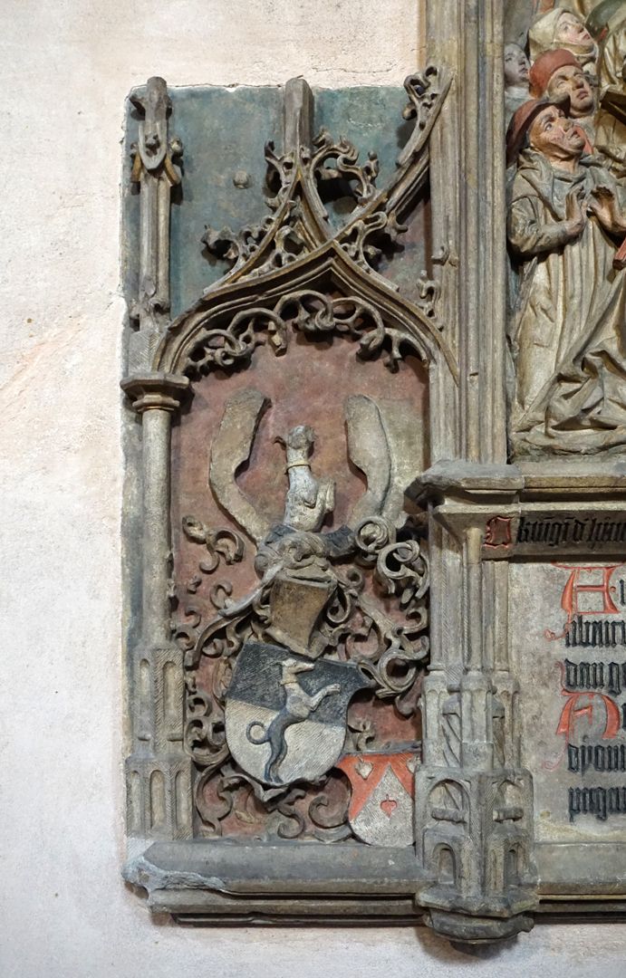 Peringsdörffer-Epitaph Wappen Peringensdörffer mit Beischild Landauer für Eberhard Peringsdörffer (gest. 1447), Vater des Sebald, der mit Ursula (gest. 1447), Tochter des Berthold Landauer, verheiratet war
