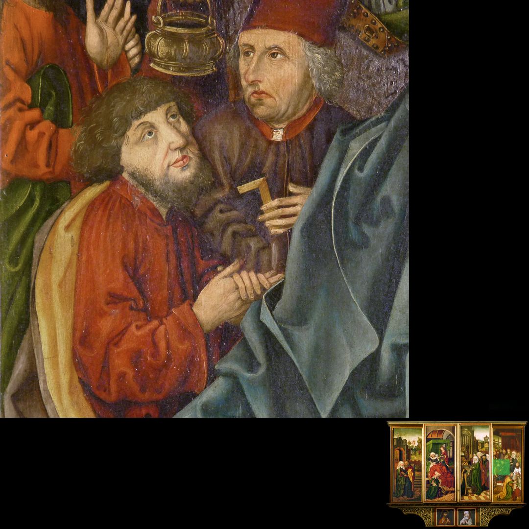 Peringsdörffer Retabel 2. Wandlung, Tod Mariens, Detail, links mit dem Portrait des Patriziers Hans Tucher (gest. 1491)