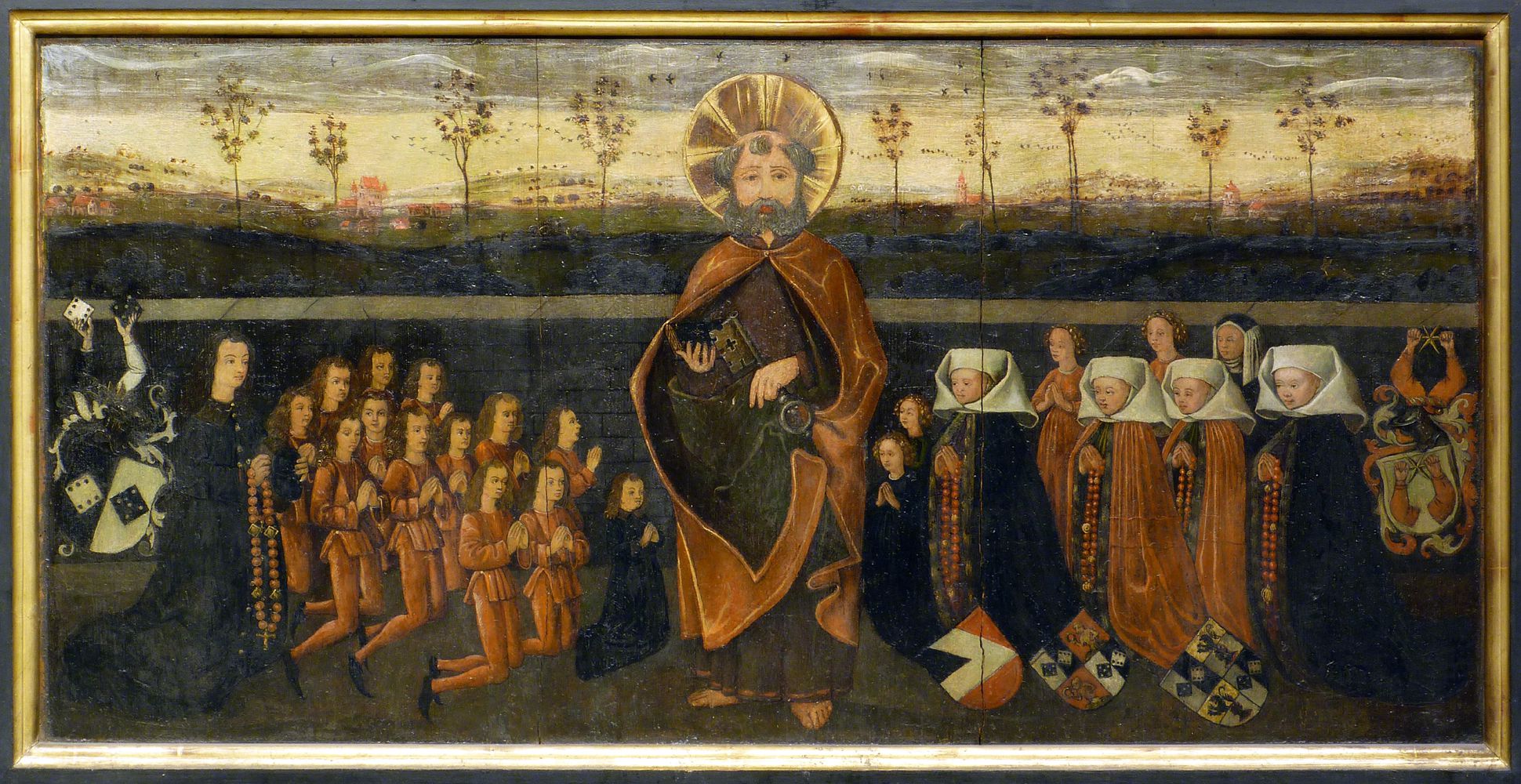 Petersaltar Antependium vor dem Stipes: St. Petrus mit dem Stifter Nikolaus Topler und seiner Familie. Topler war in erster Ehe mit der aus Zwickau stammenden Martha, geborene Truhenschmidt (begraben 3.5.1467) und in zweiter mit Clara, geborene Haller verheiratet