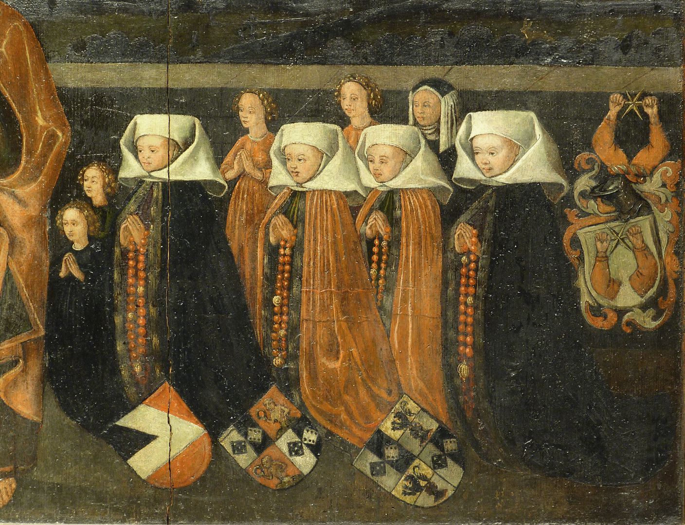 Petersaltar Antependium vor dem Stipes, Frauenseite zur Linken Petri. Tochter Martha war mit Wolf Haug verheiratet (l. Allianzwappen), Juliana mit Michael Zollner von Brand (r. Allianzwappen). Ihre Schwester Ursula (rechts im Hintergrund) war Klosterfrau zu St. Clara