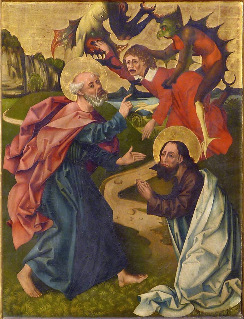 Petersaltar rechter Flügel unten, Petrus und Paulus überwinden den Magier Simon