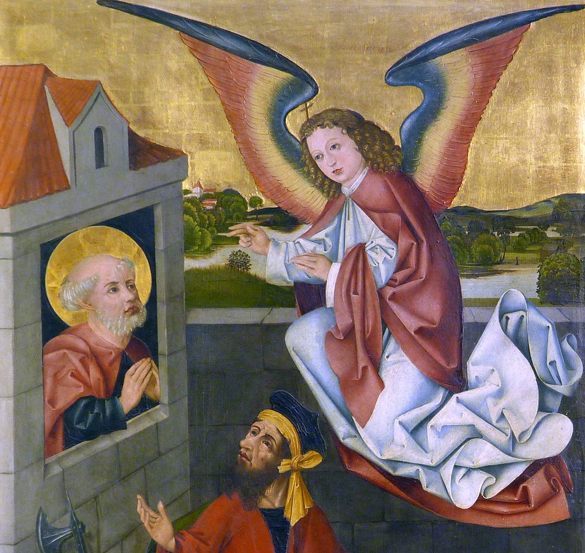 Petersaltar Schrein, linker Flügel oben, Tröstung Petri im Kerker durch einen Engel, Detail