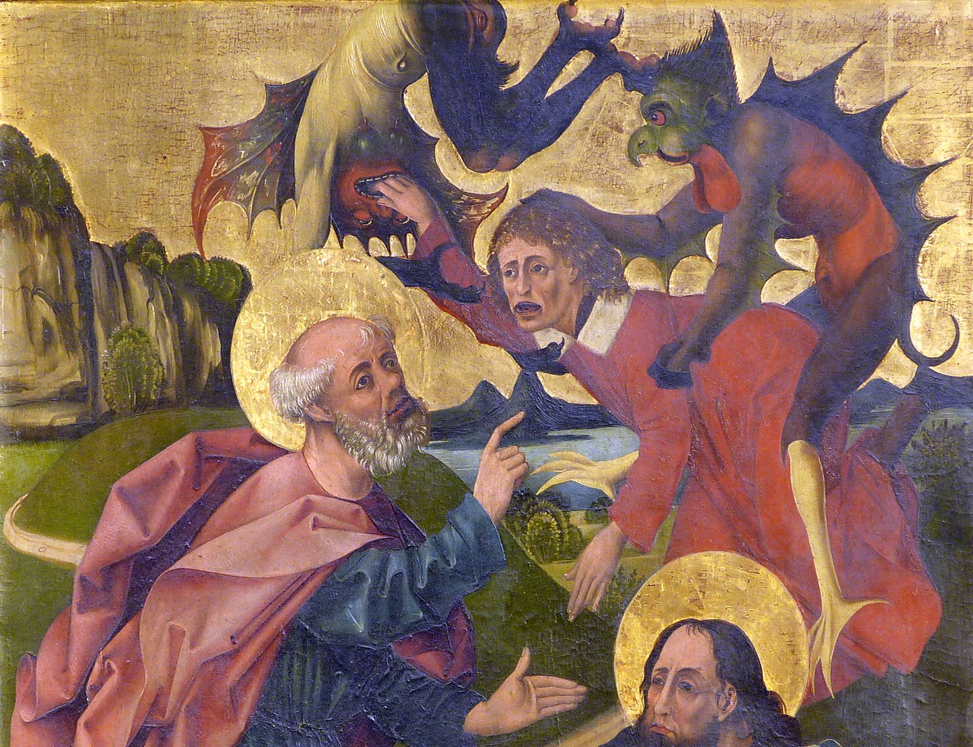 Petersaltar rechter Flügel unten, Petrus und Paulus überwinden den Magier Simon, obere Bildhälfte