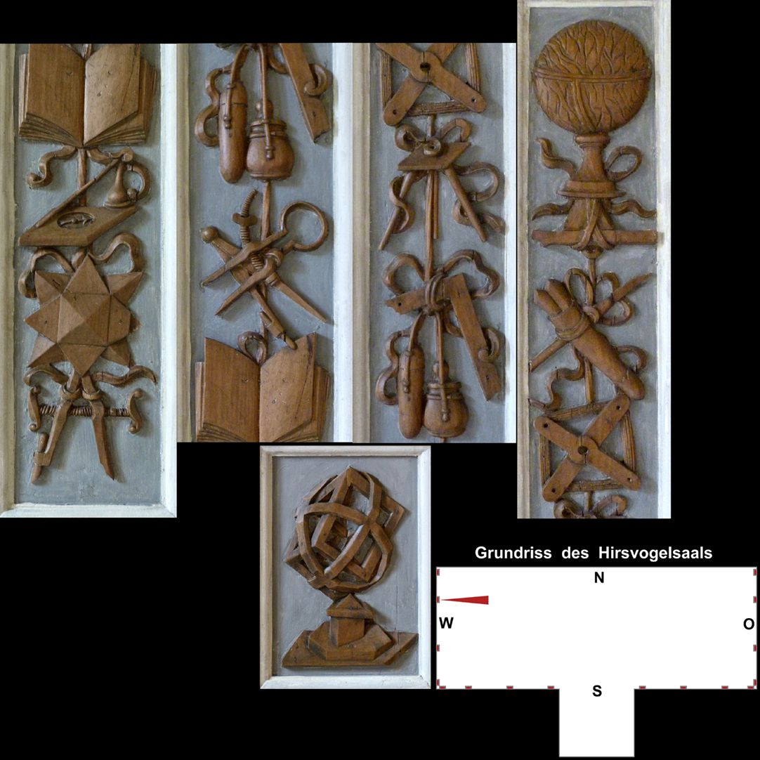 Pilasterabfolge im Hirsvogelsaal oben: Pilastersegmente mit Geometriewerkzeugen; unten: stereometrisches Gebilde nach der Art des Johannes Lencker d.Ä.
