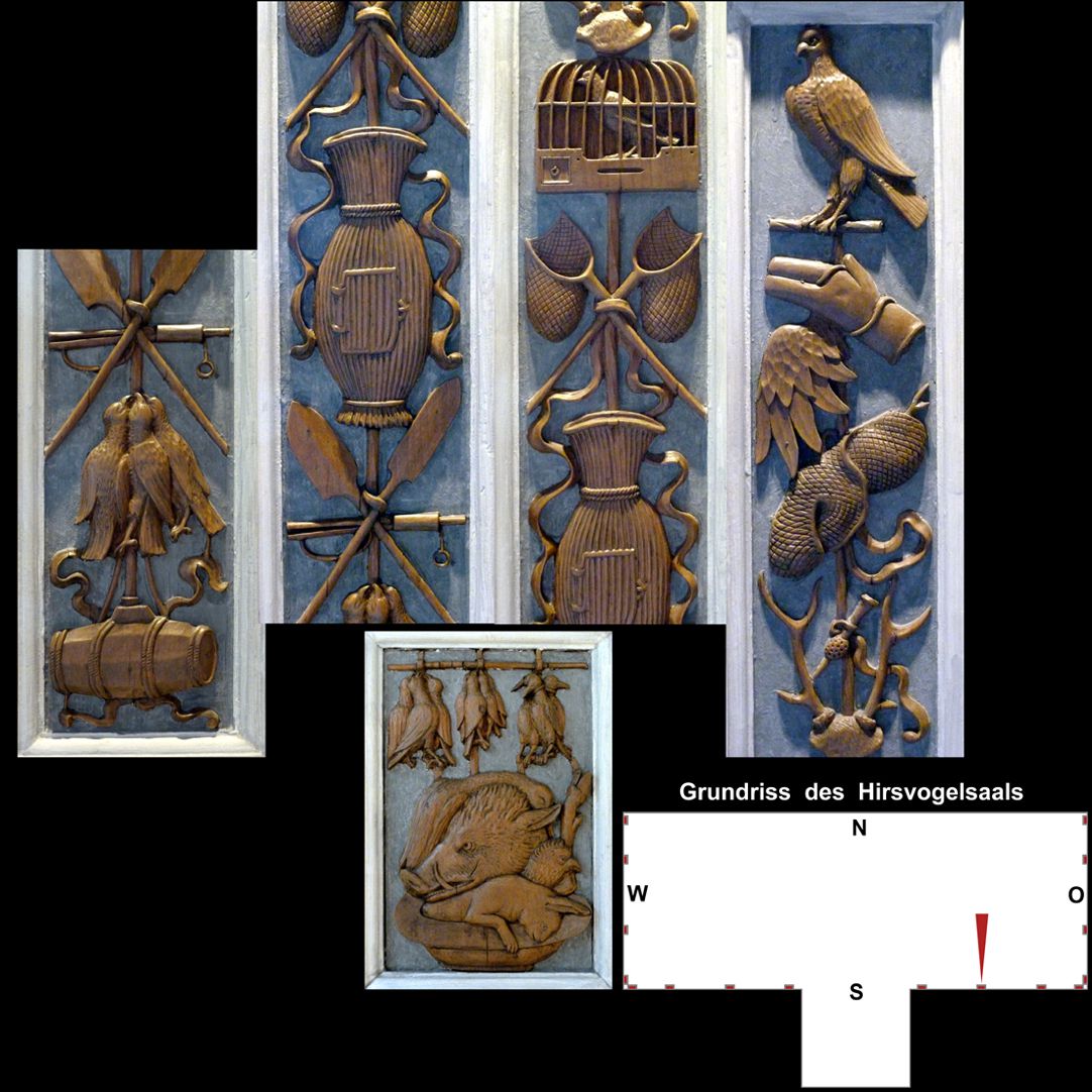Pilasterabfolge im Hirsvogelsaal oben: Pilastersegment mit Jagdmotiven; unten: Postament mit totem Wild und Geflügel