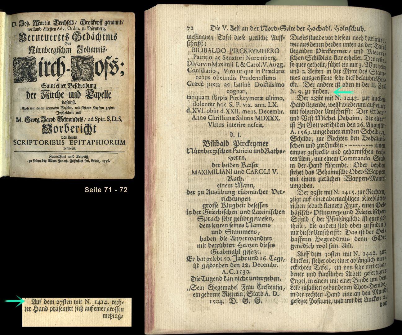 Epitaph des Willibald Pirckheimer Auszug aus Joh. Martin Trechsels, Großkopf genannt: "Verneuertes Gedächtnis des nürnbergischen Johannis Kirch Hof ..." , Franckf. & Leipzig 1735, Seite 71-72