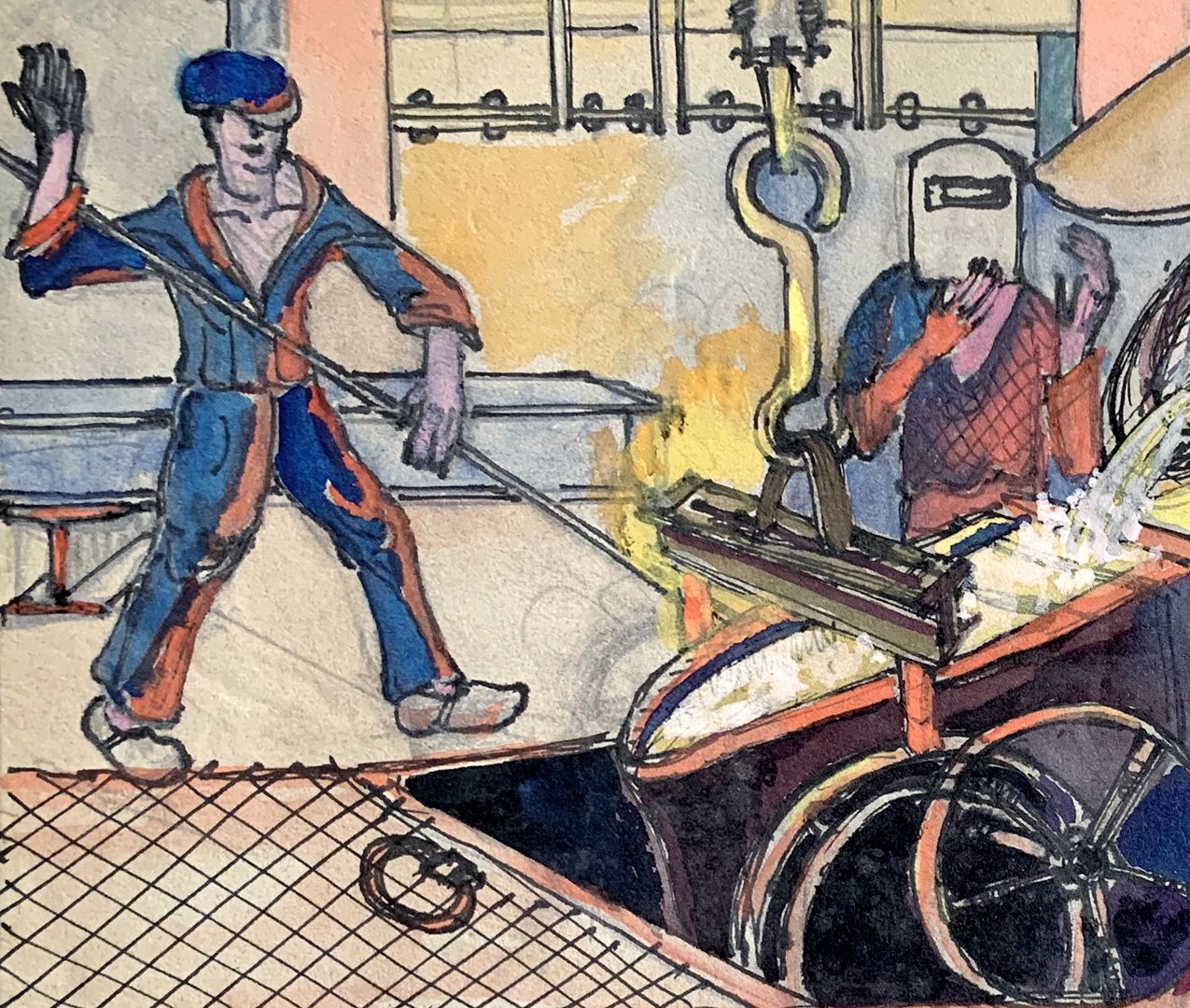 Eisengießerei Stahlarbeiter mit Stange und Schutzmaske