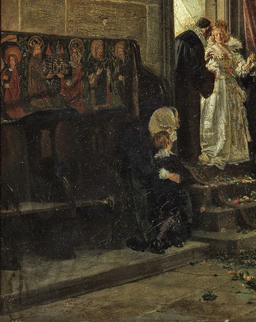 Hochzeitsgesellschaft unter dem Behaim-Chörlein von St. Lorenz Detail, Kirchenbank mit einem Teppich: Szene mit Kaiser Heinrich II. und Kaiserin Kunigunde