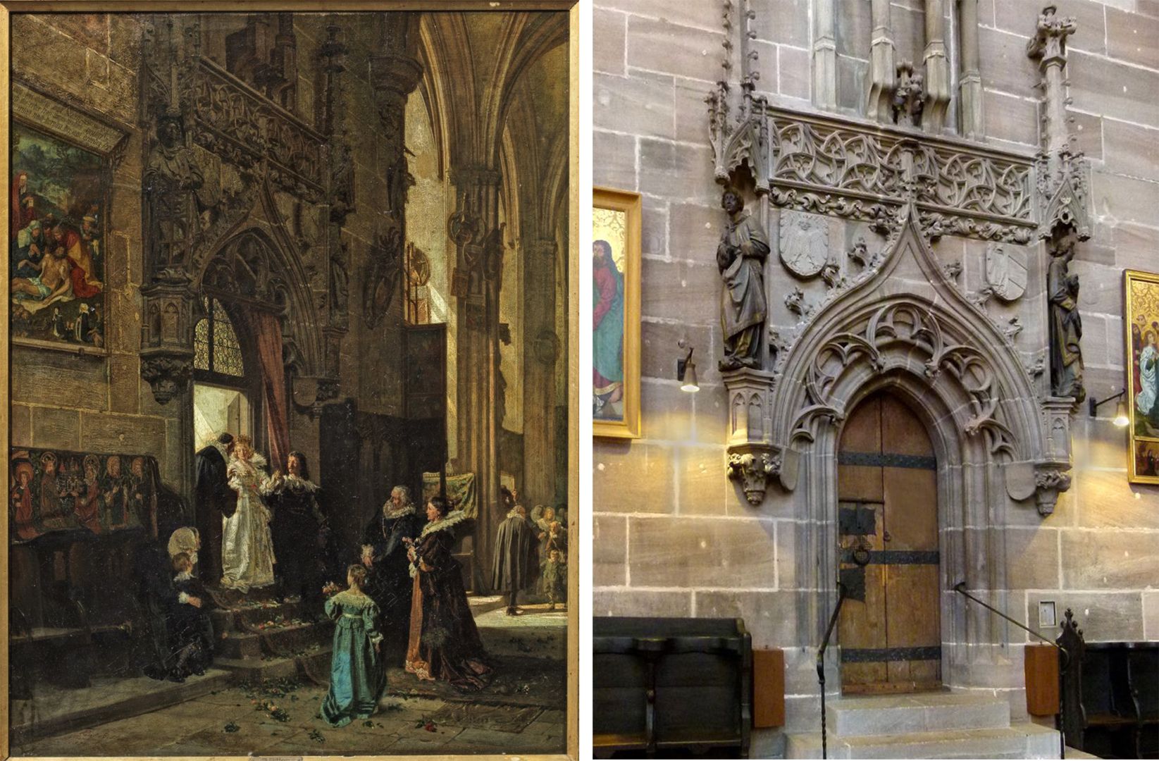 Hochzeitsgesellschaft unter dem Beheim-Chörlein von St. Lorenz Bildvergleich: links Bilddetail, rechts Foto des Portals der Sakristei in St. Lorenz