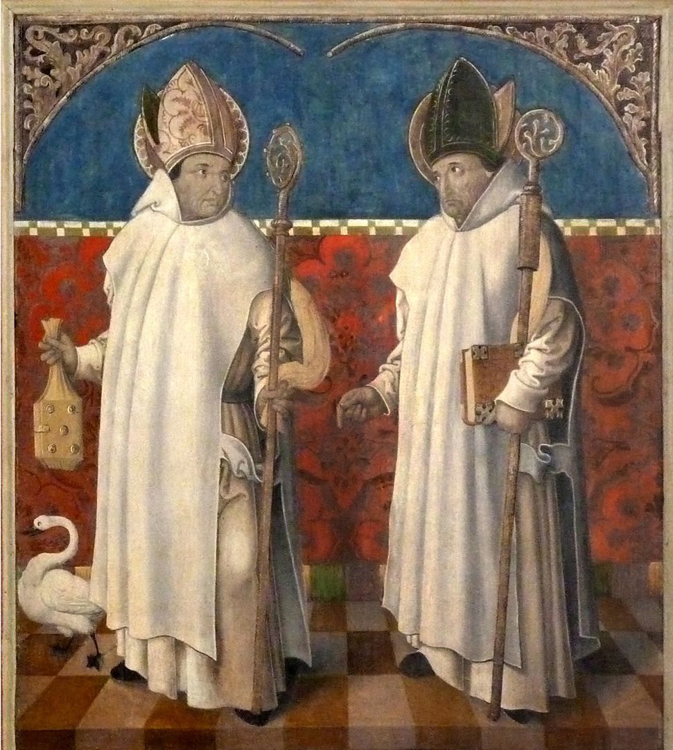 Puschendorfer Hochaltarretabel Altar geschlossen, r. Flügel oben: Hugo von Lincoln und Hugo von Grenoble in Kartäuserkutte