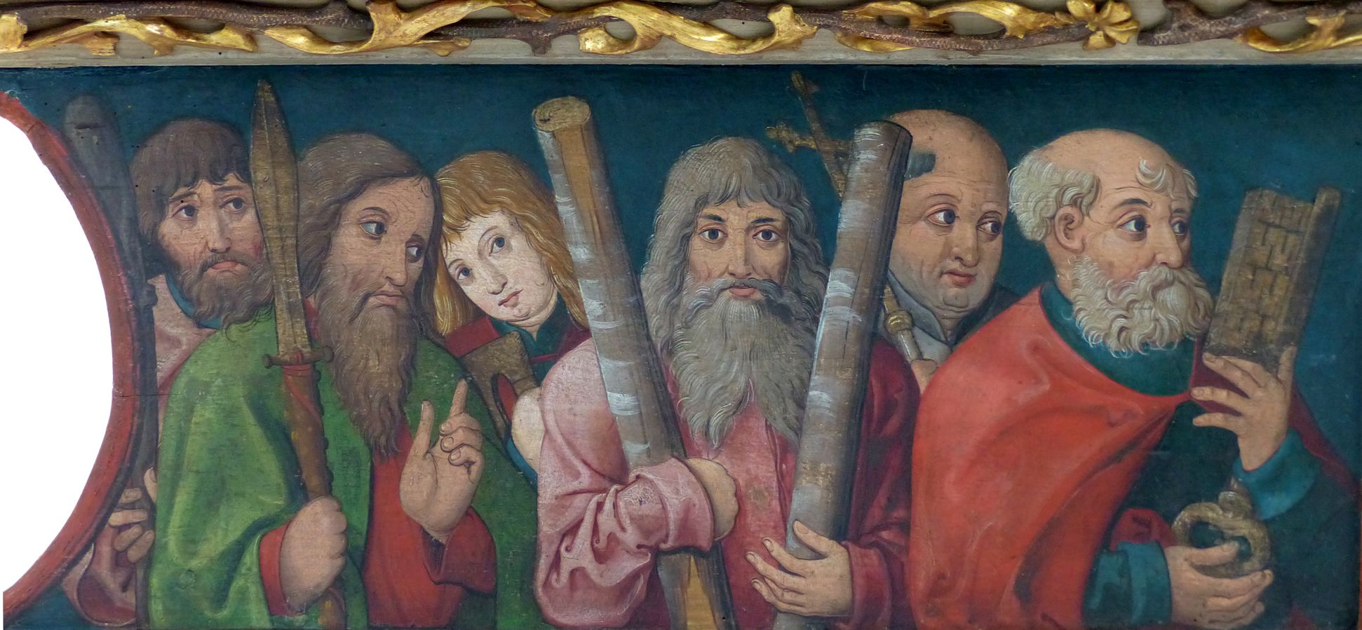 Puschendorfer Hochaltarretabel Predella, l. Apostelgesellschaft: Matthäus, Thomas, Matthias, Andreas, Philippus, Petrus