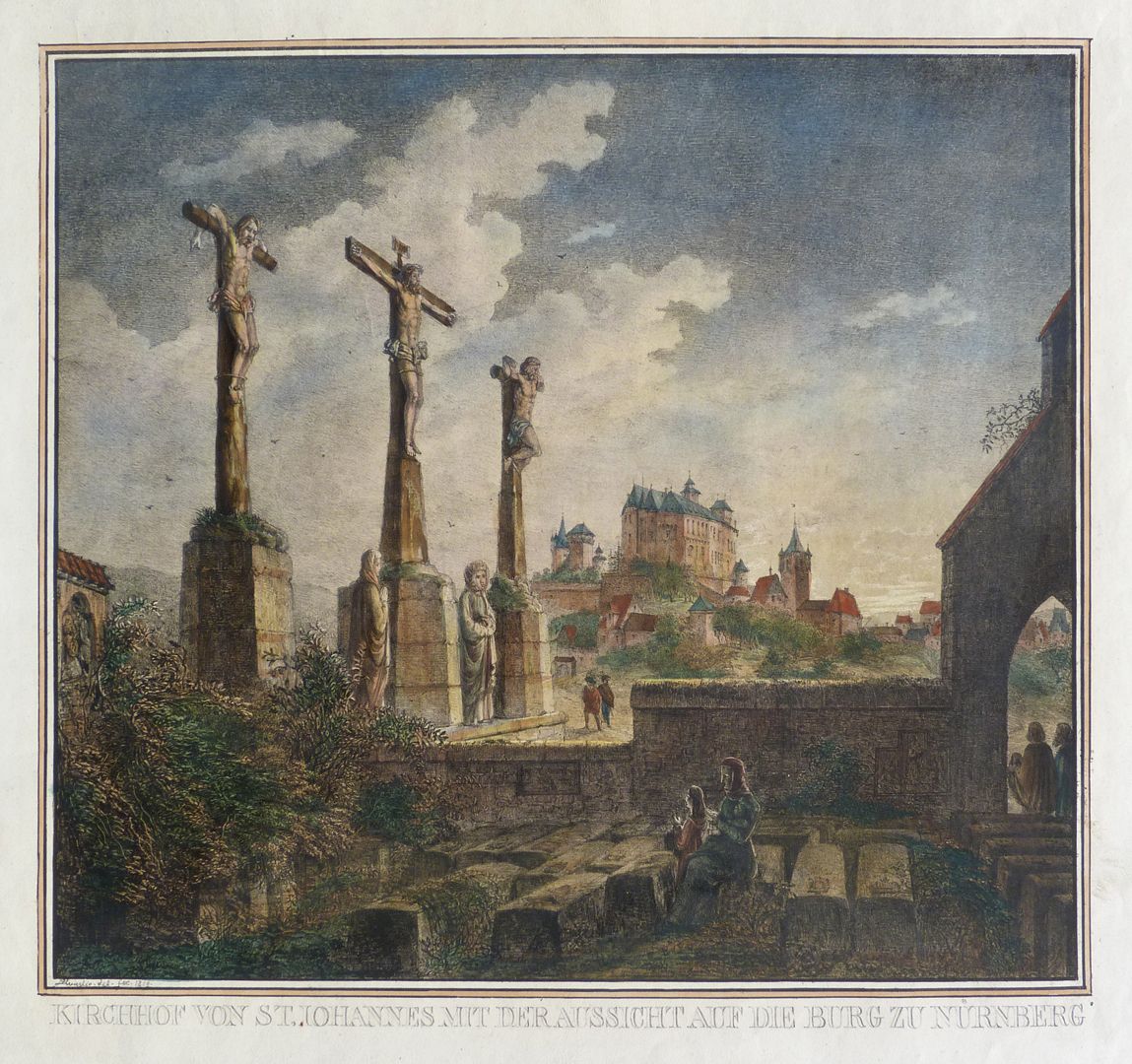 Kirchhof von St. Johannes mit der Ansicht auf die Burg zu Nürnberg 