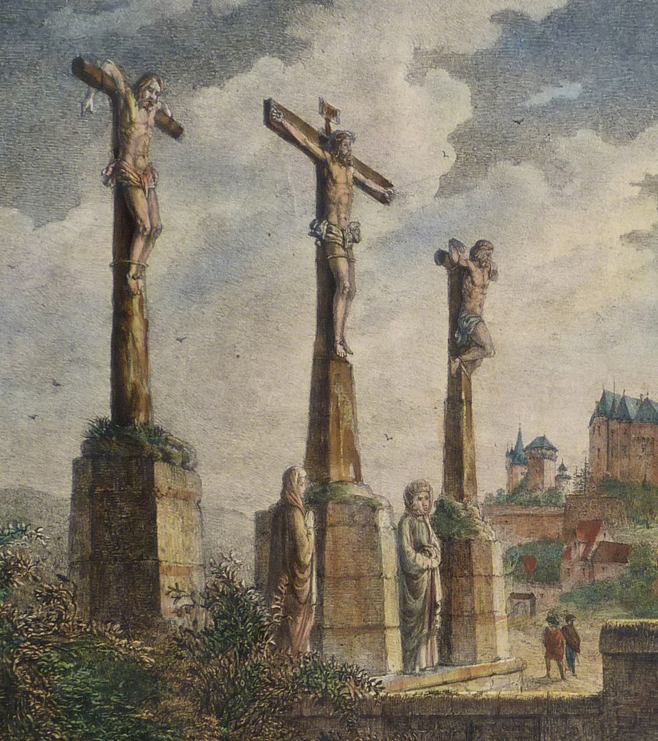Kirchhof von St. Johannes mit der Ansicht auf die Burg zu Nürnberg Detailansicht mit Kreuzigungsgruppe