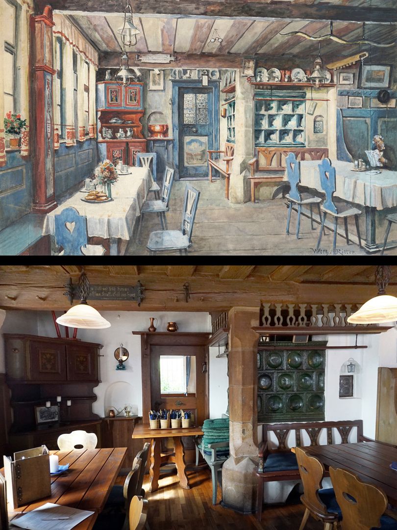 Lutzgarten, Gaststube Bildvergleich: oben die historische Ansicht / unten ein Foto aus dem Jahre 2021