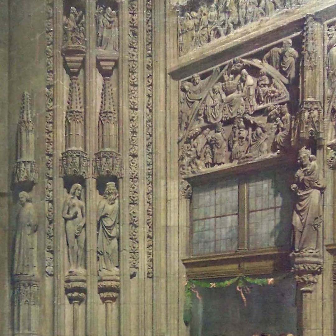 Das Hauptportal der Lorenzkirche mit Brautzug in der Tracht des 30-jährigen Krieges Detail