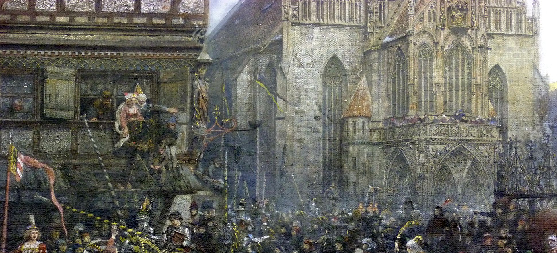 Der Marktplatz zu Nürnberg zur Zeit des Turniers von 1496 Zug der Tunierreiter, Schaulustige