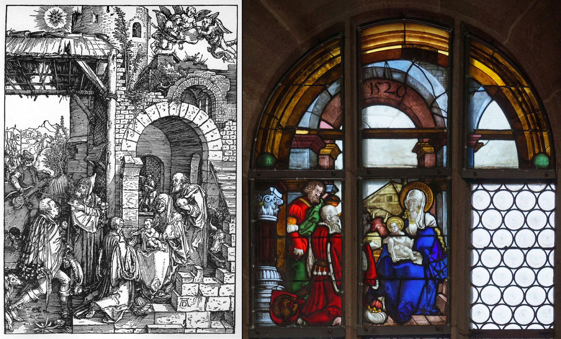 Rochuskapelle / Fenster nIII / Anbetung der Könige Bildvergleich: links Holzschnitt "Anbetung der Könige" im Marienleben von Albrecht Dürer (um 1503)