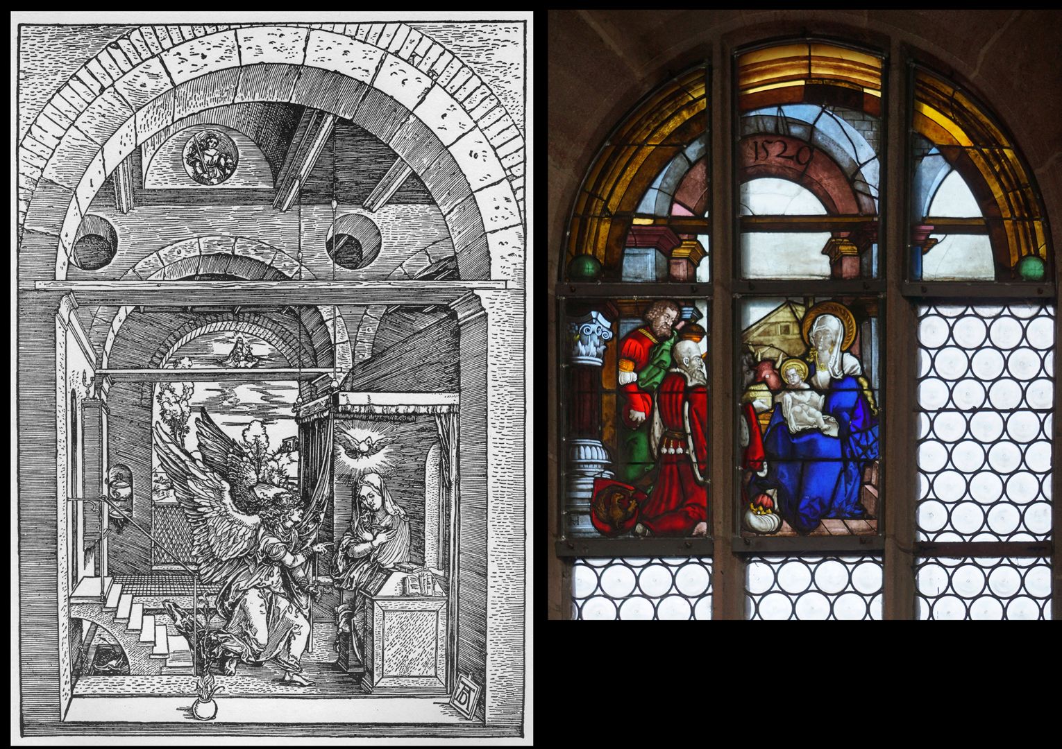 Rochuskapelle / Fenster nIII / Anbetung der Könige Bildvergleich: links Holzschnitt "Verkündigung an Maria“ und „Anbetung der Könige" im Marienleben von Albrecht Dürer (um 1503)