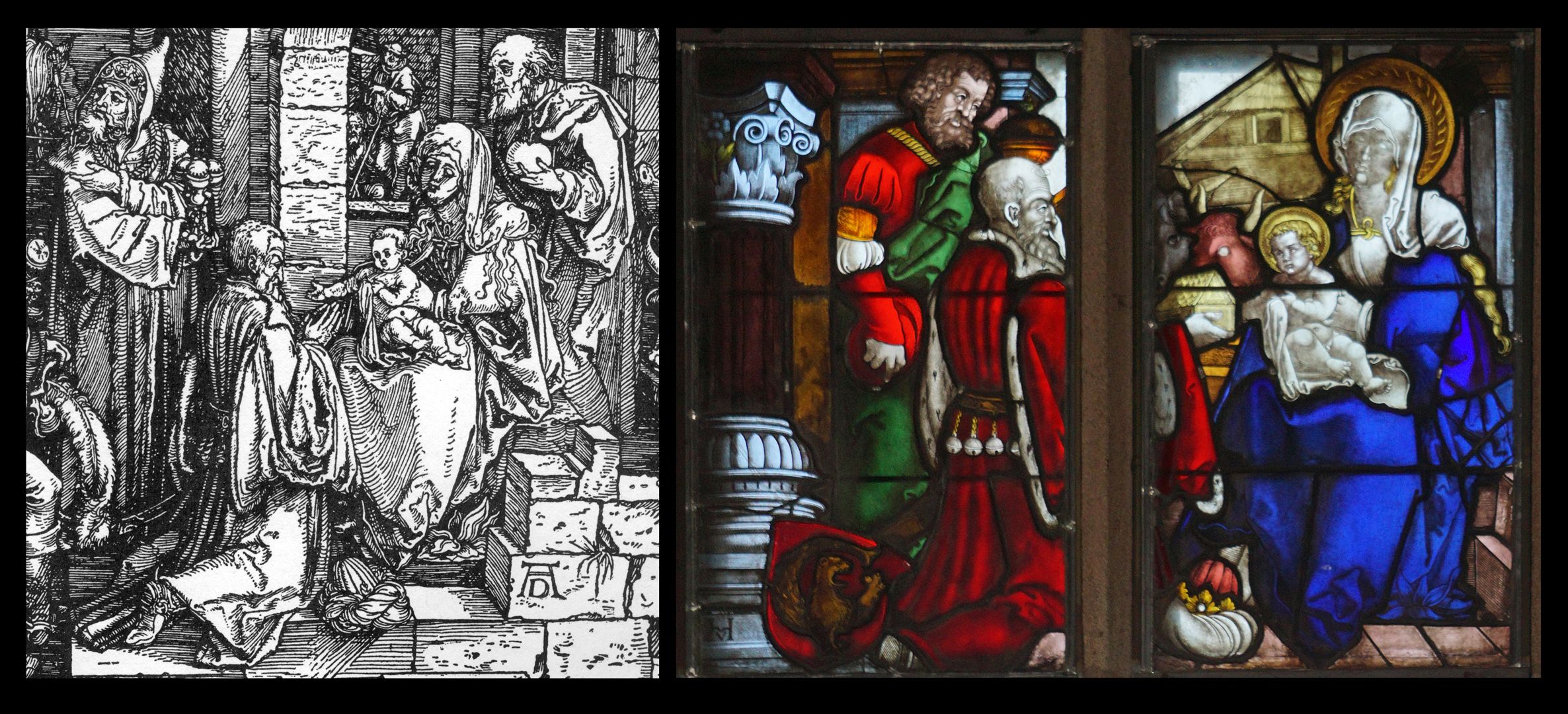 Rochuskapelle / Fenster nIII / Anbetung der Könige Bildvergleich: links Holzschnitt "Anbetung der Könige" im Marienleben von Albrecht Dürer (um 1503)