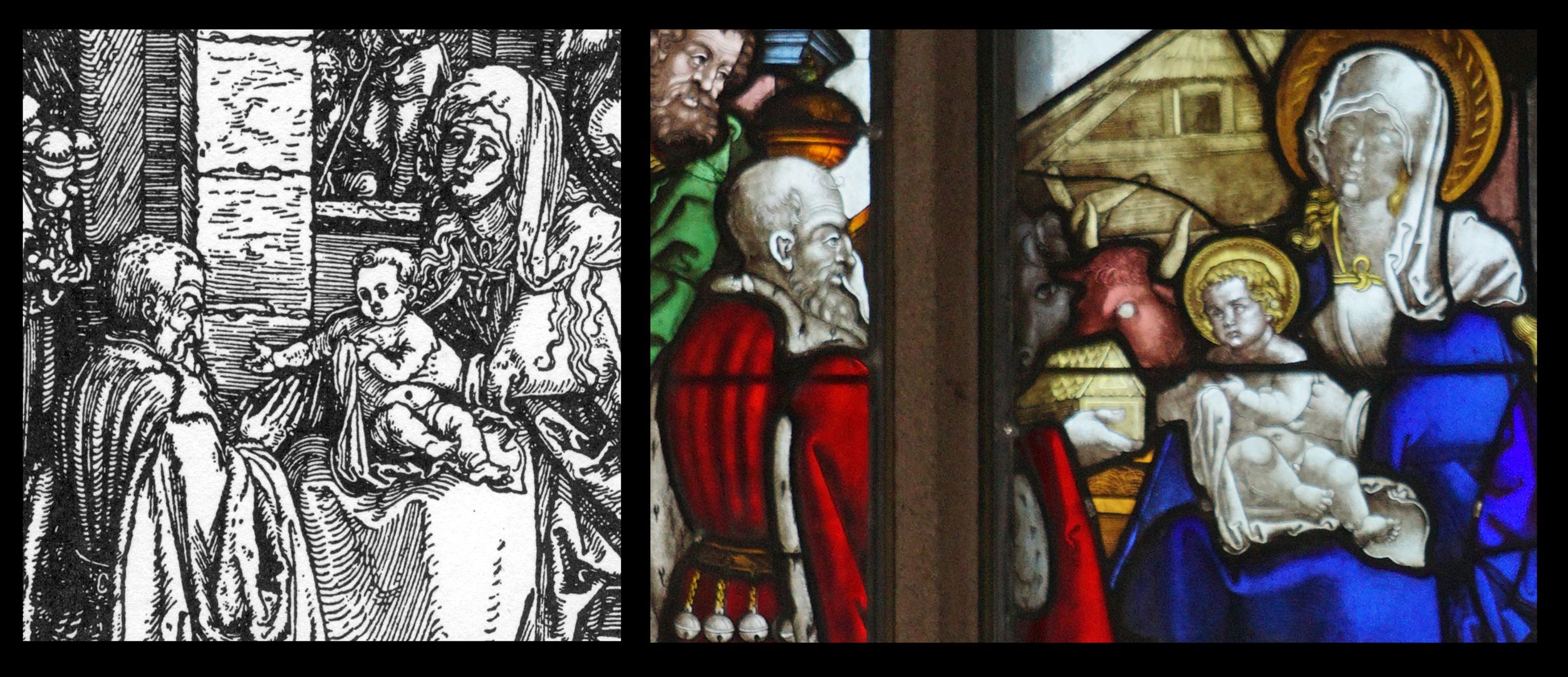 Rochuskapelle / Fenster nIII / Anbetung der Könige Bildvergleich: links Holzschnitt "Anbetung der Könige" im Marienleben von Albrecht Dürer (um 1503)