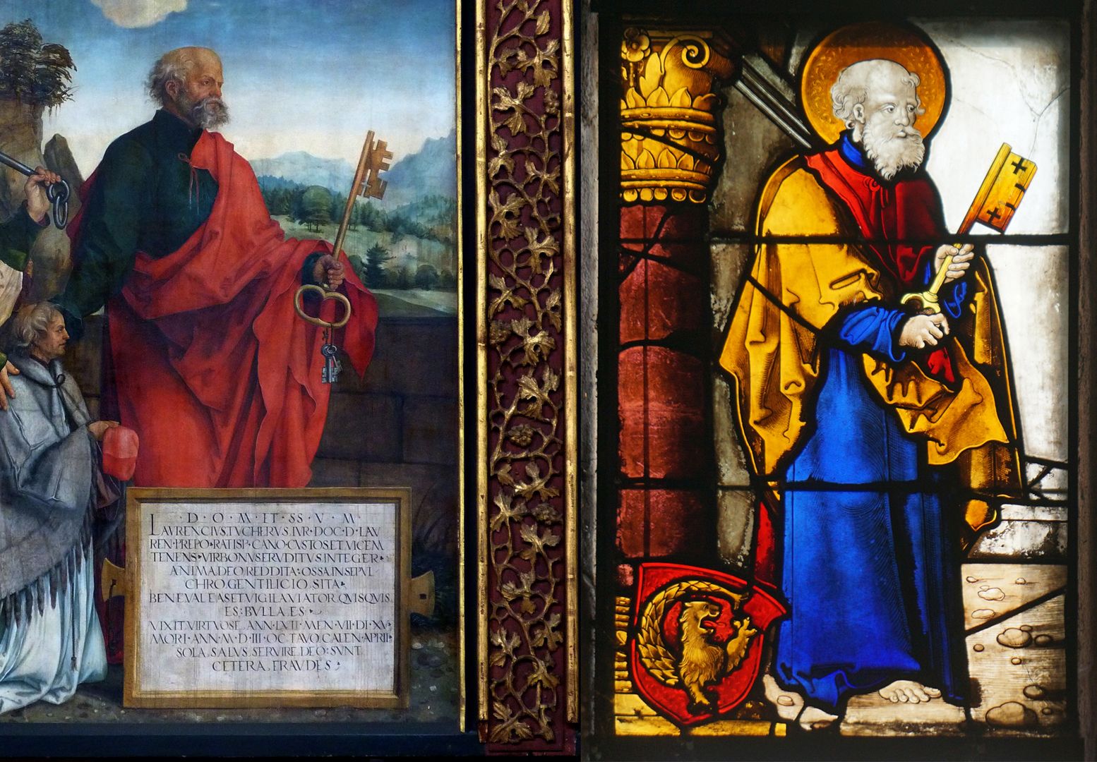 Rochuskapelle / Fenster sII / Hll. Petrus und Sebaldus Bildvergleich mit Tucherepitaph von Hans Süß von Kulmbach (1513) in St. Sebald