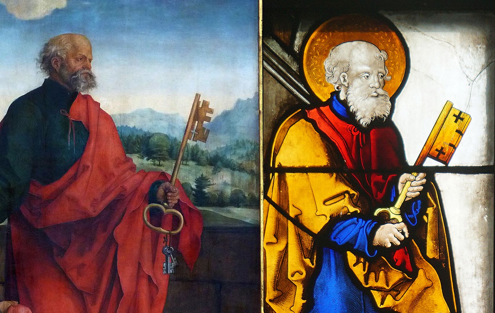 Rochuskapelle / Fenster sII / Hll. Petrus und Sebaldus Bildvergleich mit Tucherepitaph von Hans Süß von Kulmbach (1513) in St. Sebald