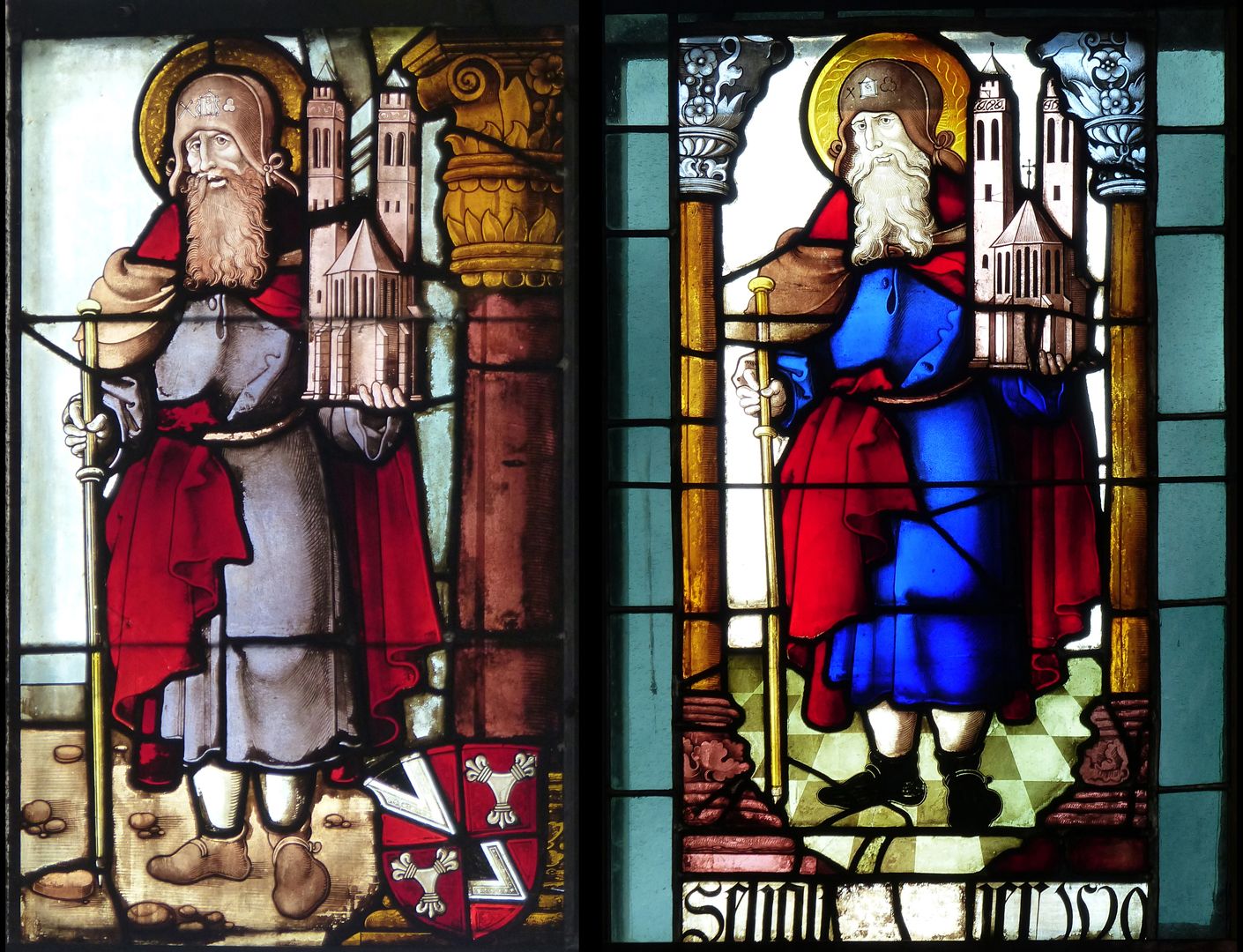Rochuskapelle / Fenster sII / Hll. Petrus und Sebaldus Bildvergleich / links Fenster in der Rochuskapelle / rechts Fenster in der Stadtkirche von Hersbruck (1520)