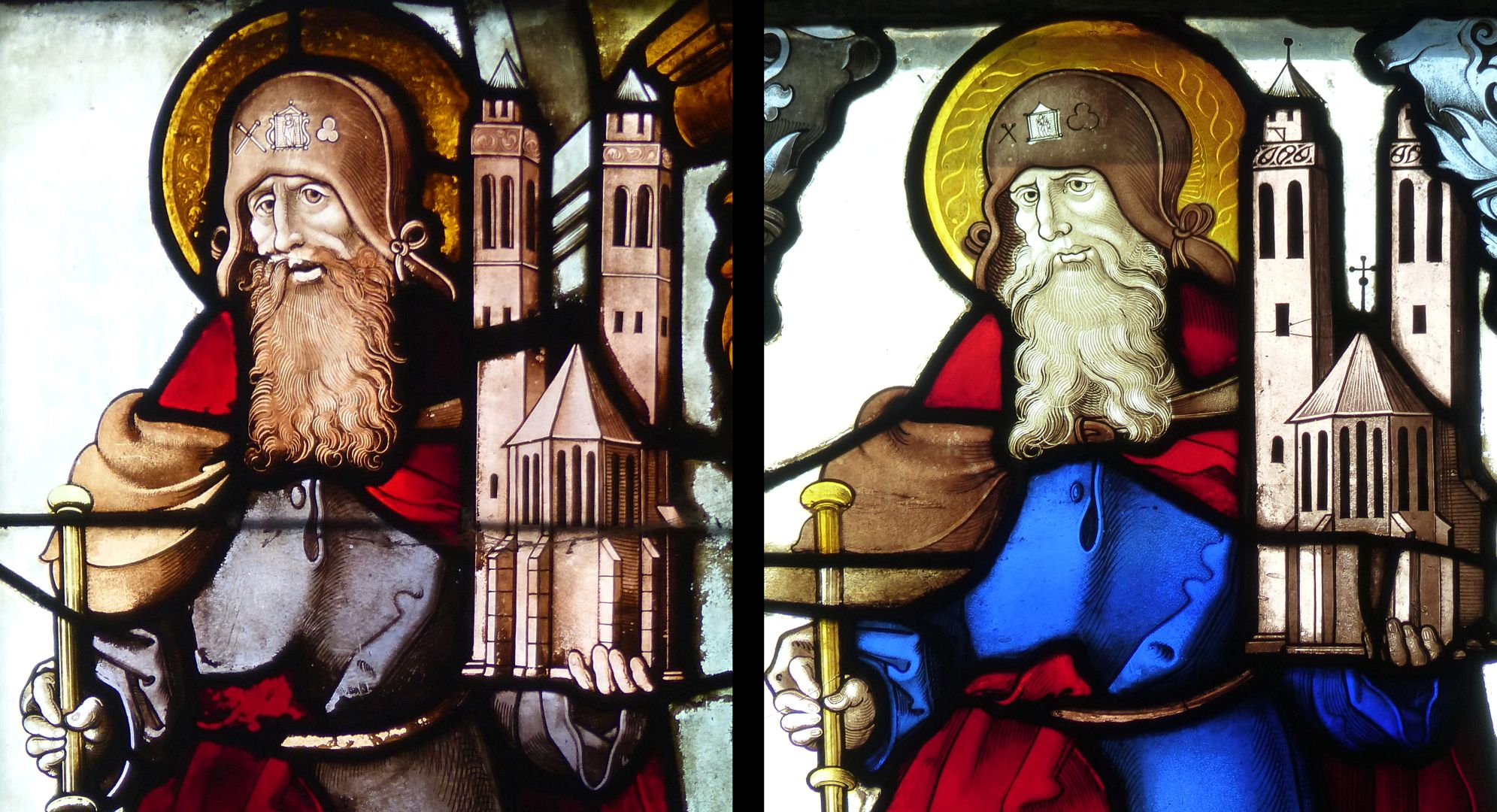 Rochuskapelle / Fenster sII / Hll. Petrus und Sebaldus Bildvergleich / links Fenster in der Rochuskapelle / rechts Fenster in der Stadtkirche von Hersbruck (1520)