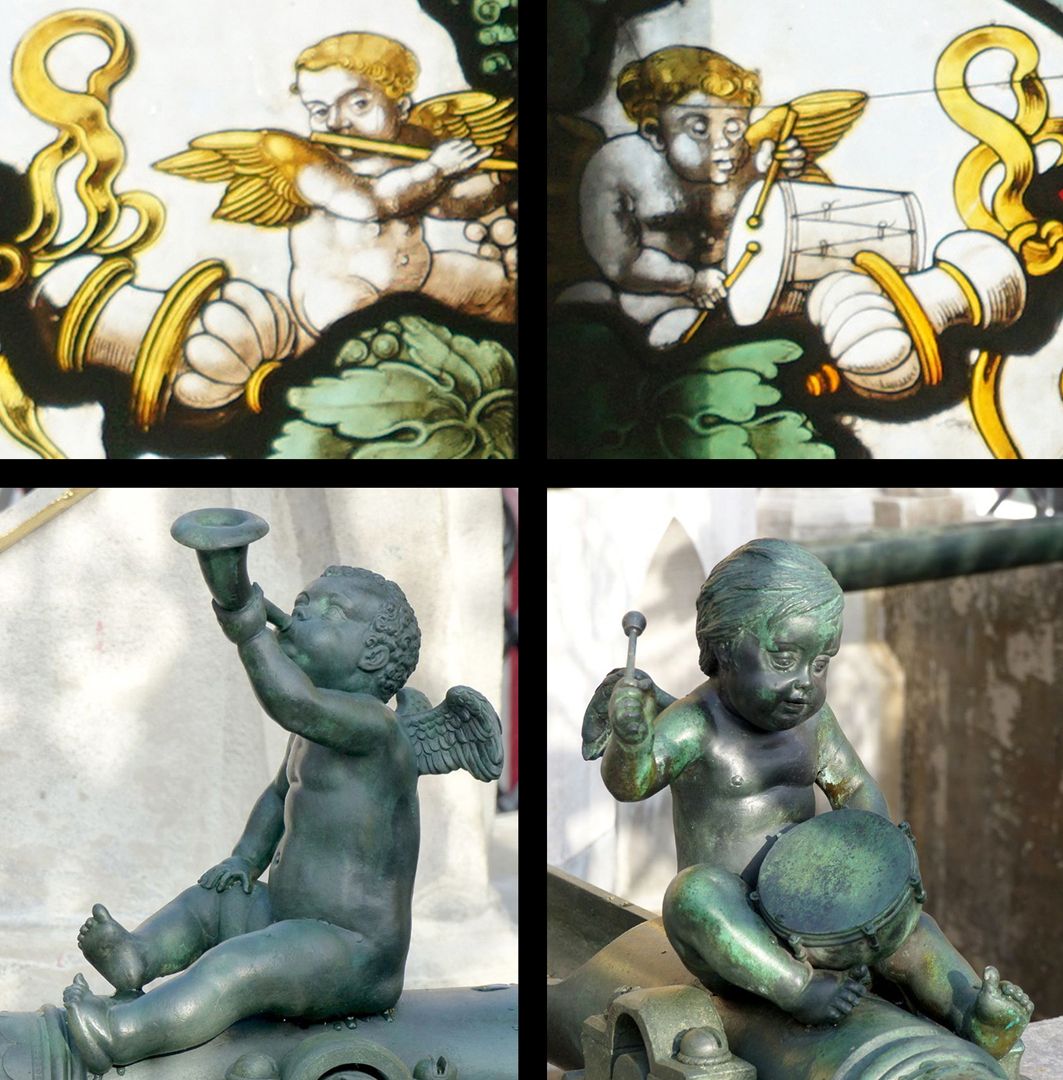 Rochuskapelle / Fenster sIII / Hll. Katharina und Barbara Bildvergleich mit Renaissance-Putti am Schönen Brunnen