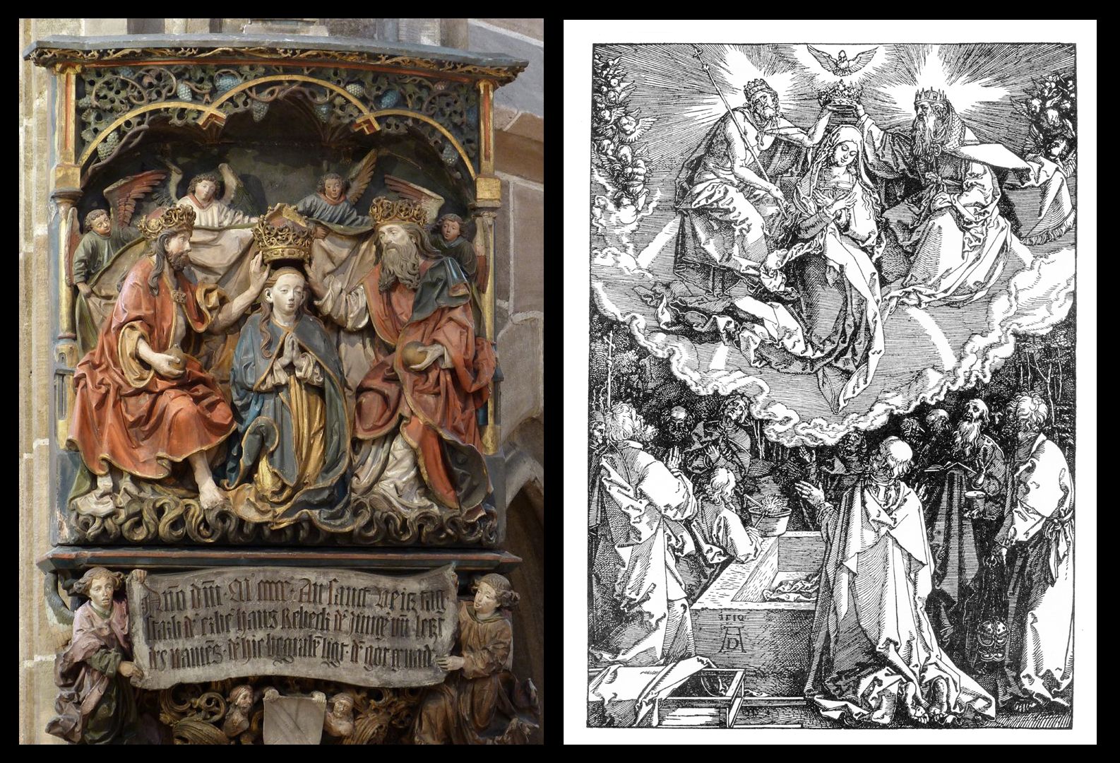 Rochuskapelle / Fenster I / Die Himmelfahrt Mariens links Adam Kraft, "Epitaph des Hans Rebeck" (1500) / rechts Albrecht Dürer, "Die Himmelfahrt Mariens" (1511)