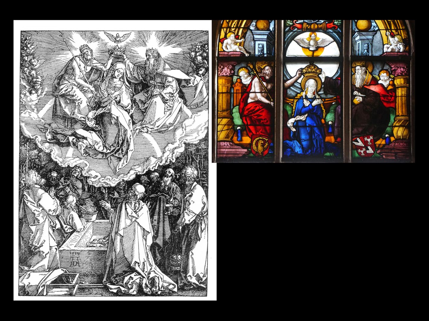 Rochuskapelle / Fenster I / Die Himmelfahrt Mariens Bildvergleich mit der Himmelfahrt Mariens von Albrecht Dürer (1511)