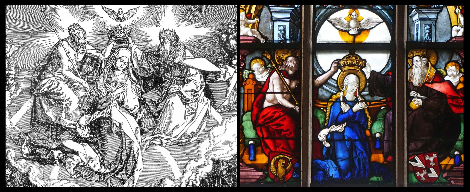 Rochuskapelle / Fenster I / Die Himmelfahrt Mariens Bildvergleich mit der Himmelfahrt Mariens von Albrecht Dürer (1511)