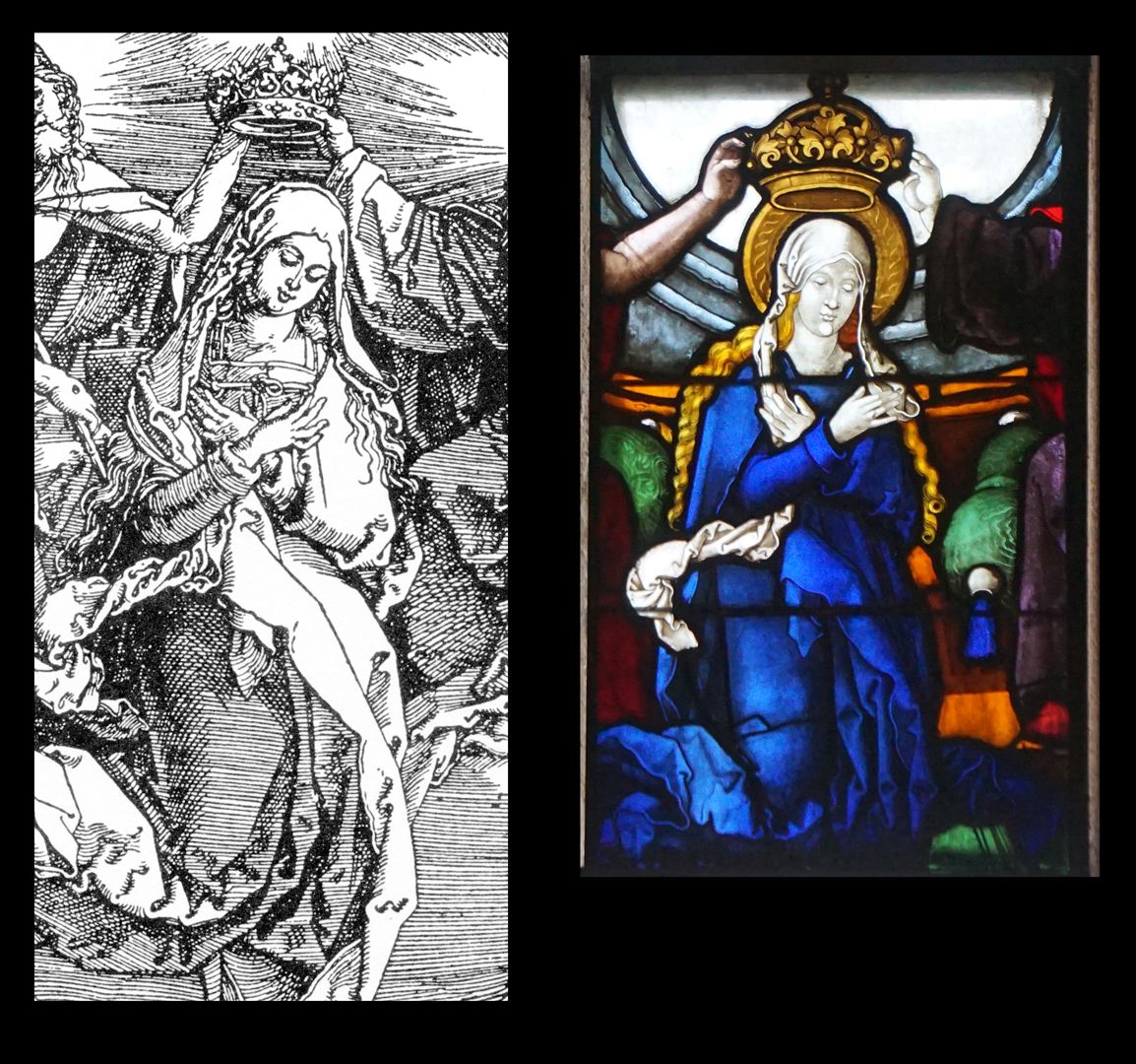 Rochuskapelle / Fenster I / Die Himmelfahrt Mariens Bildvergleich mit der Himmelfahrt Mariens von Albrecht Dürer (1511)