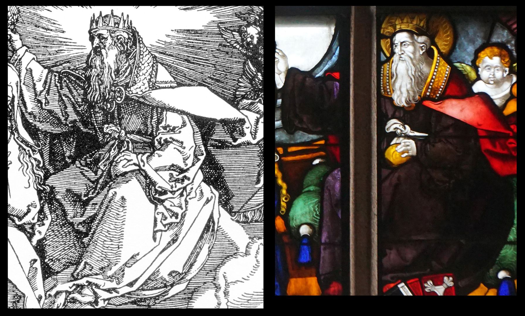 Rochuskapelle / Fenster I / Die Himmelfahrt Mariens Bildvergleich mit der Himmelfahrt Mariens von Albrecht Dürer (1511)