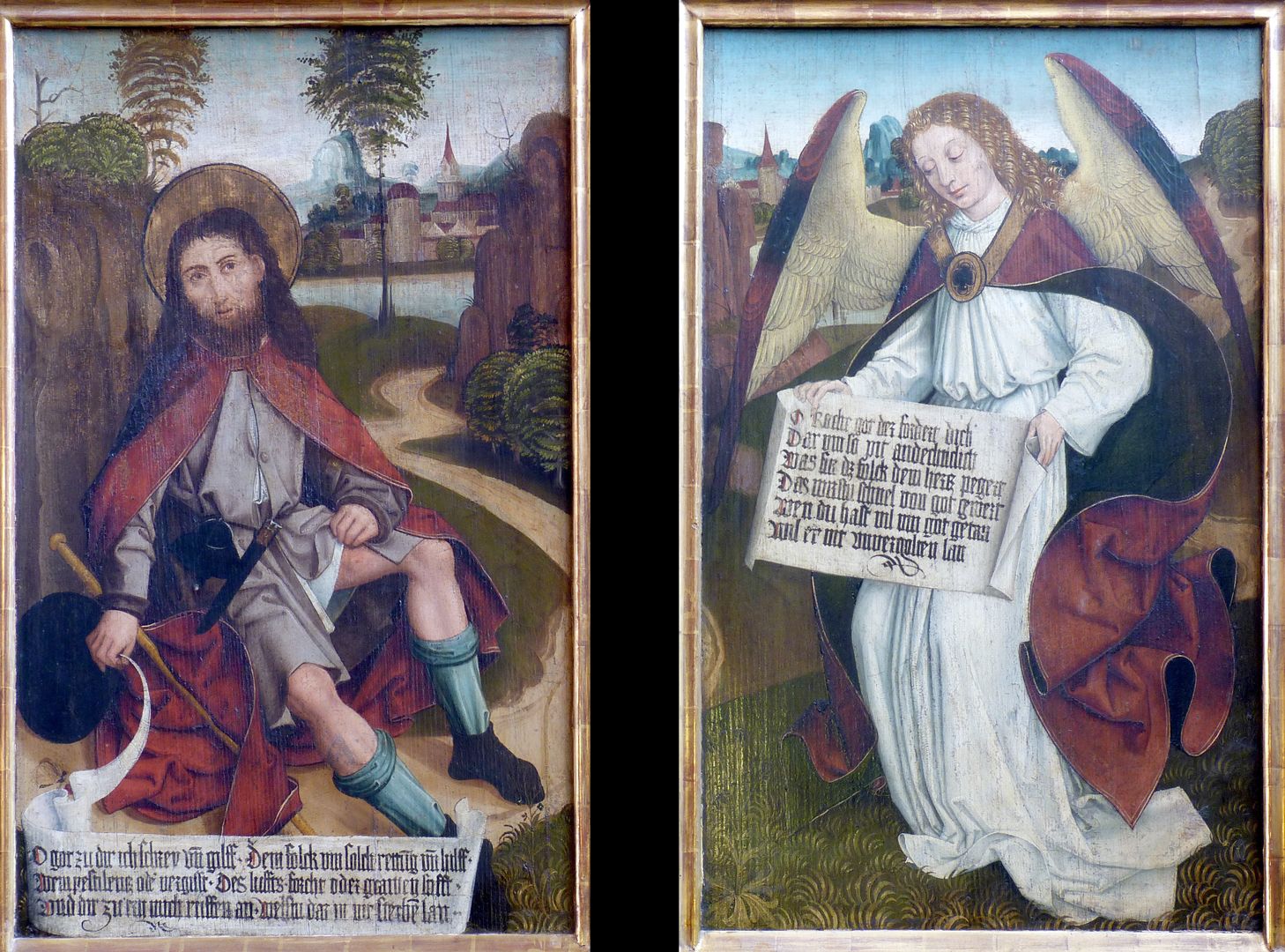 Rochusaltar geschlossene Flügel vorne: unten hl. Rochus und ein Engel mit Spruchband