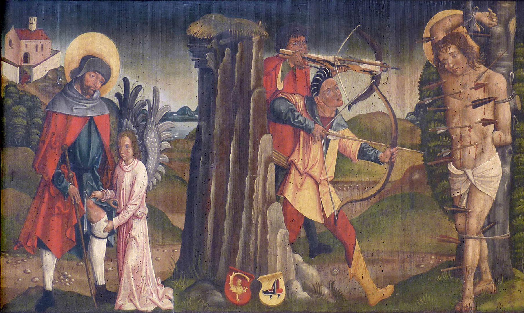 Rochusaltar Antependium: Tafelgemälde mit dem hl. Rochus und der Marter des hl. Sebastian / Wappen Imhoff und Holzschuher