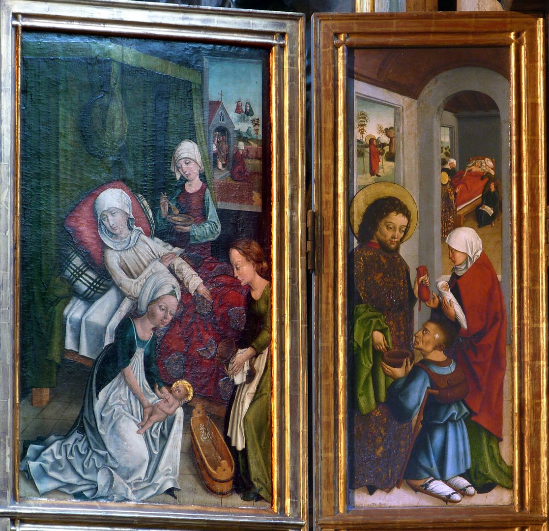 Rochusaltar linker Flügel, innen, oben: Geburt - der Heilige verteilt sein Vermögen