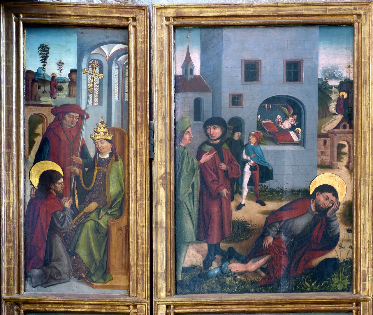 Rochusaltar rechter Flügel, innen, oben: der heilige Rochus vor dem Papst - der heilige Rochus pestkrank in Piacenza