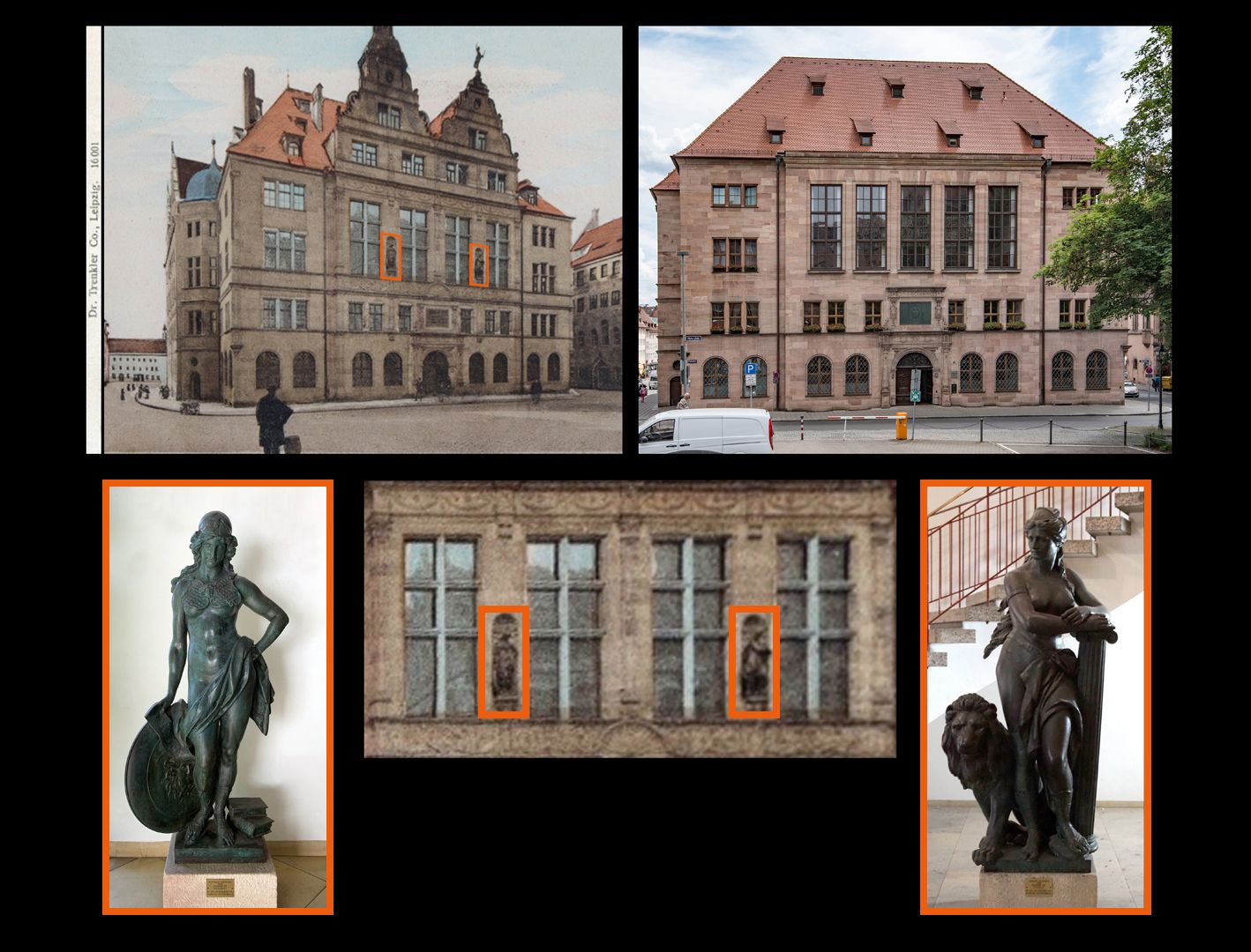 Allegorie der Stärke Bildvergleich mit historischem Standort am Fünferplatz / links die Allegorie der weisheit von Schwabe, rechts die Allegorie der Stärke von Rössner