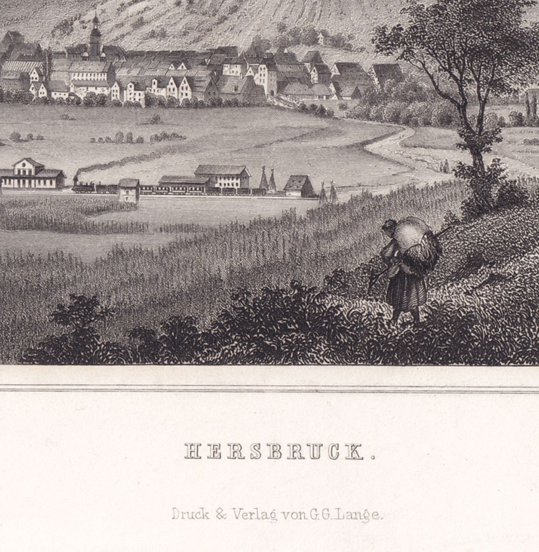 Hersbruck Detailansicht mit Eisenbahn (Der Bahnhof Hersbruck (links der Pegnitz) wurde am 9. Mai 1859 eröffnet)