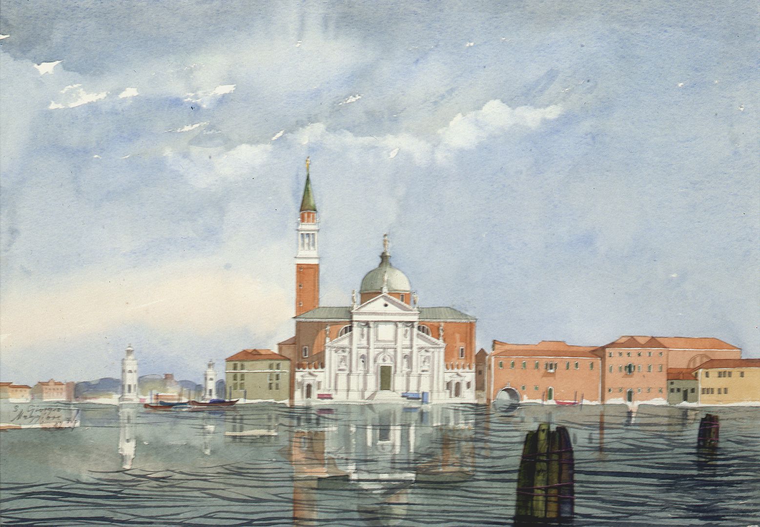 San Giorgio Maggiore (Venedig) Ufersituation mit Kirchenbau von Andrea Palladio, links Hafeneinfahrt der Insel